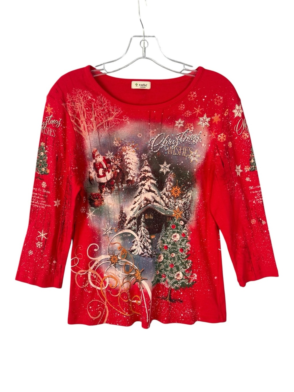 Y2K Cactus Red Christmas Scene All Over Print Holiday Santa Shirt 3/4 Sleeve T M